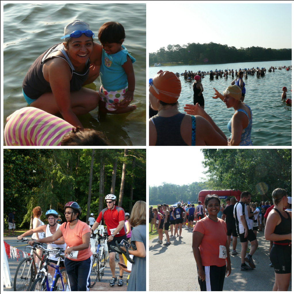 From my first triathlon - A regular swimsuit with sports bra for swimming and then a shirt + capri for both bike & run.