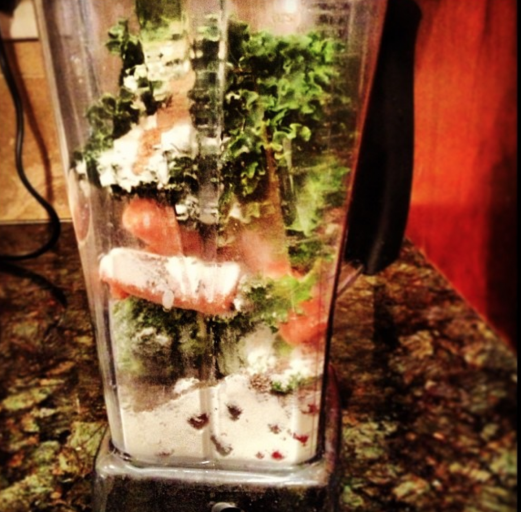 Banana, berries, broccoli, carrots, kale, chia, flax and Vega Sport Recovery Accelerator - ready for my Vitamix.