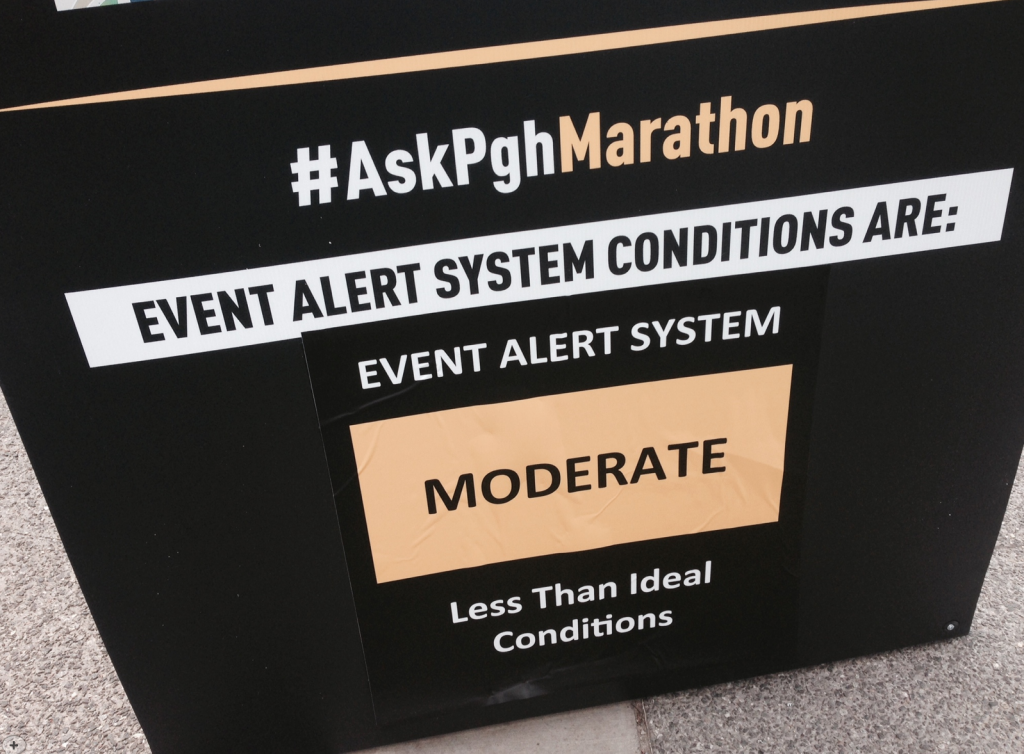Pittsburg Half Marathon  Changed the alert on the day of - atleast it wasn't high!  Photo credit: BAMR
